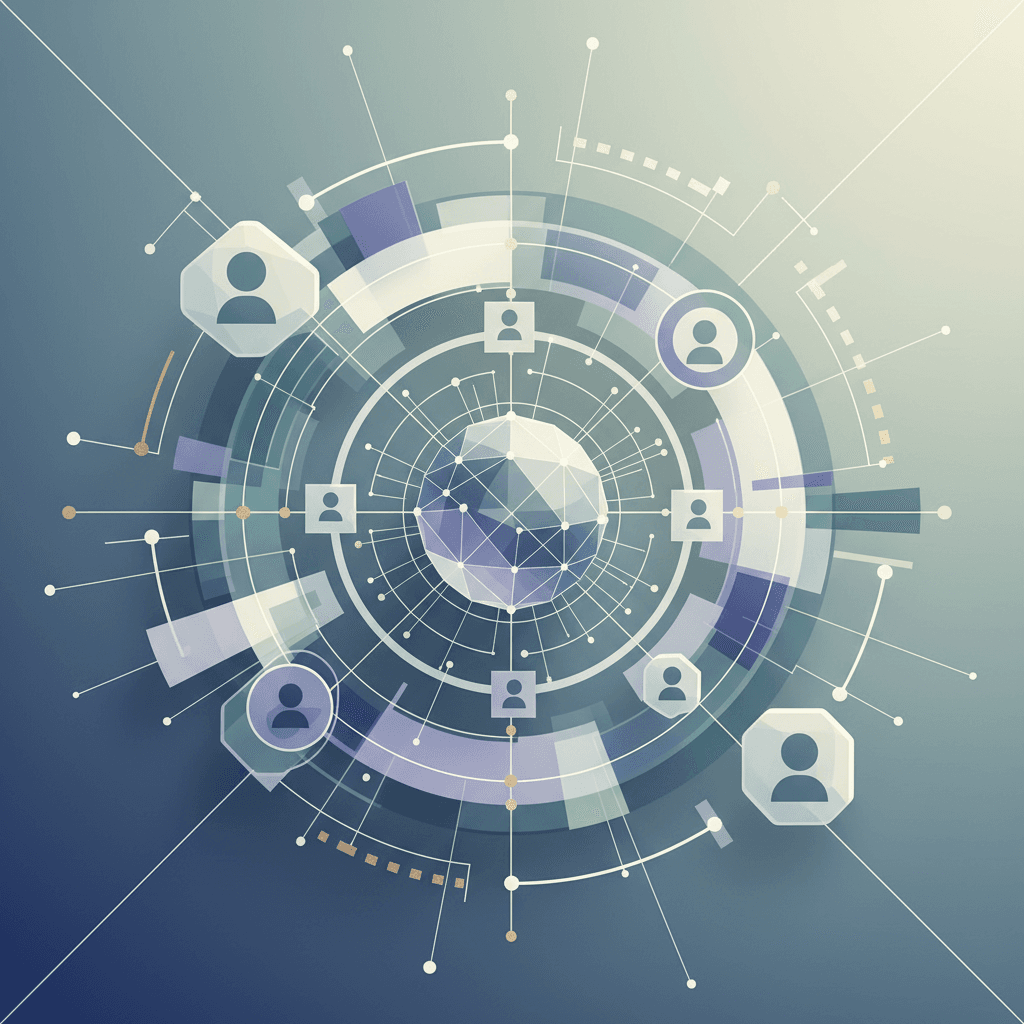 Abstract geometric shapes in soft blues and grays suggesting connectivity and data flow in business technology.