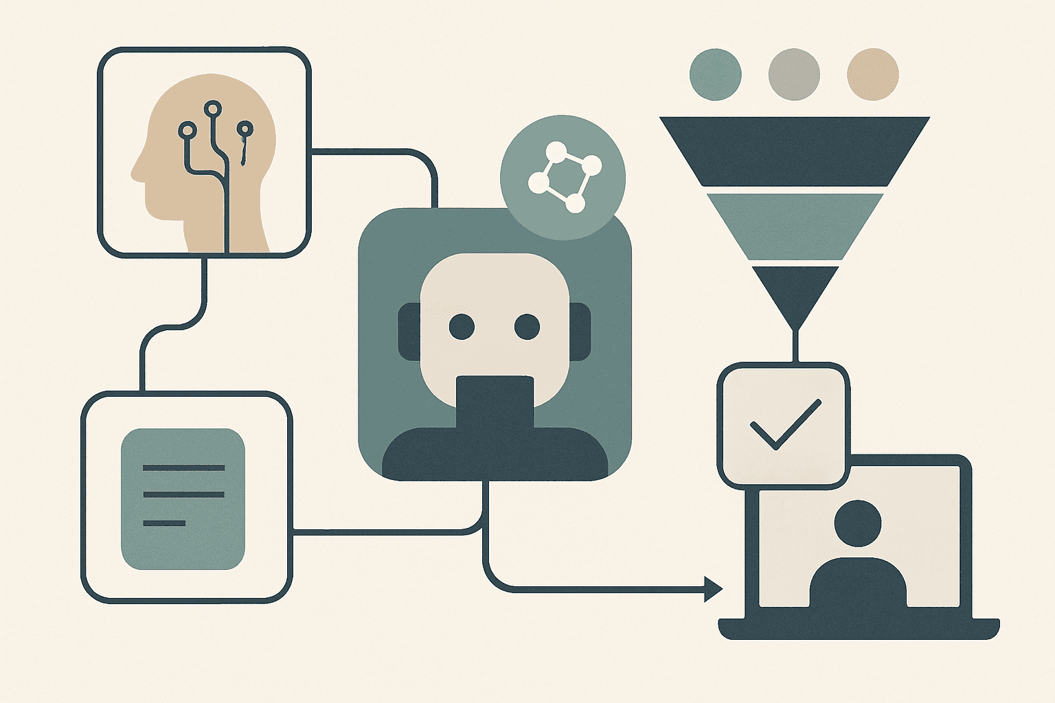 A clean, modern abstract design featuring geometric shapes and lines in a calm, neutral color palette representing technology and data flow.