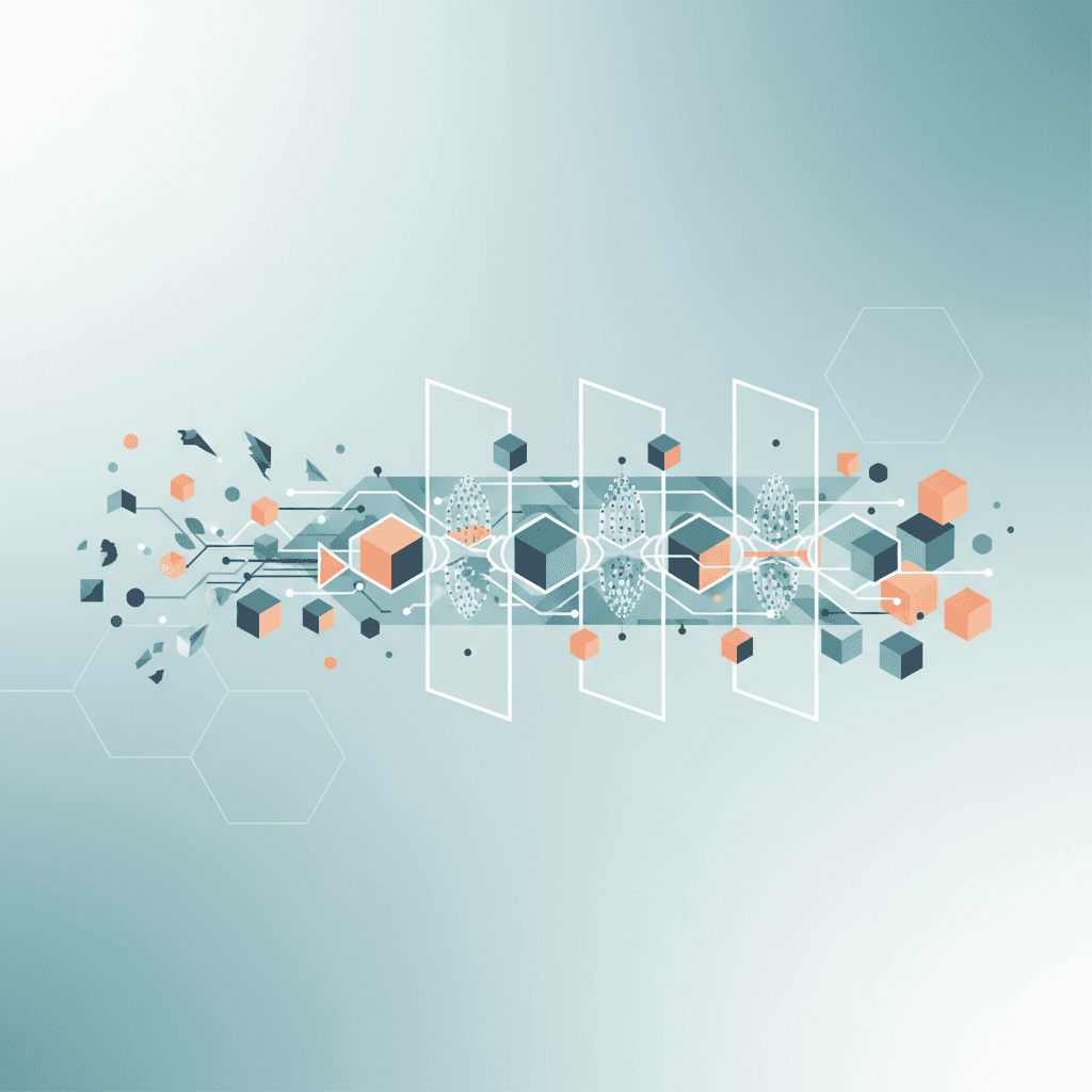 A clean, minimalist design featuring abstract geometric shapes in soft blues and grays, suggesting data organization and technology.