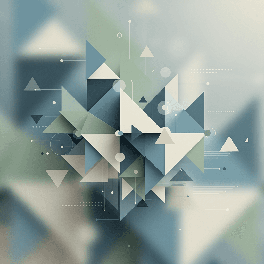 A clean, modern abstract design featuring geometric shapes in muted tones on a minimalist background.
