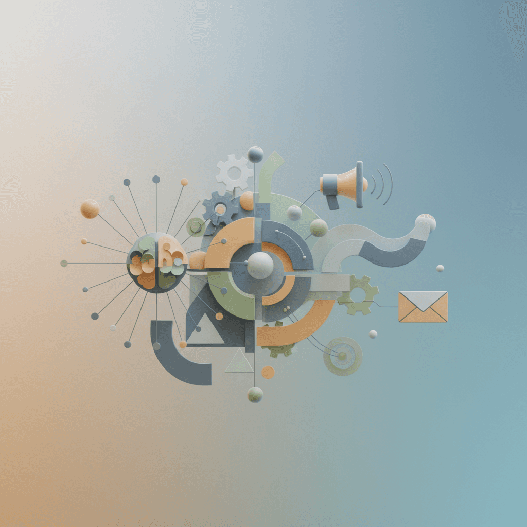 A clean, minimalist design featuring geometric shapes and interconnected lines in a calm color palette representing technology integration.