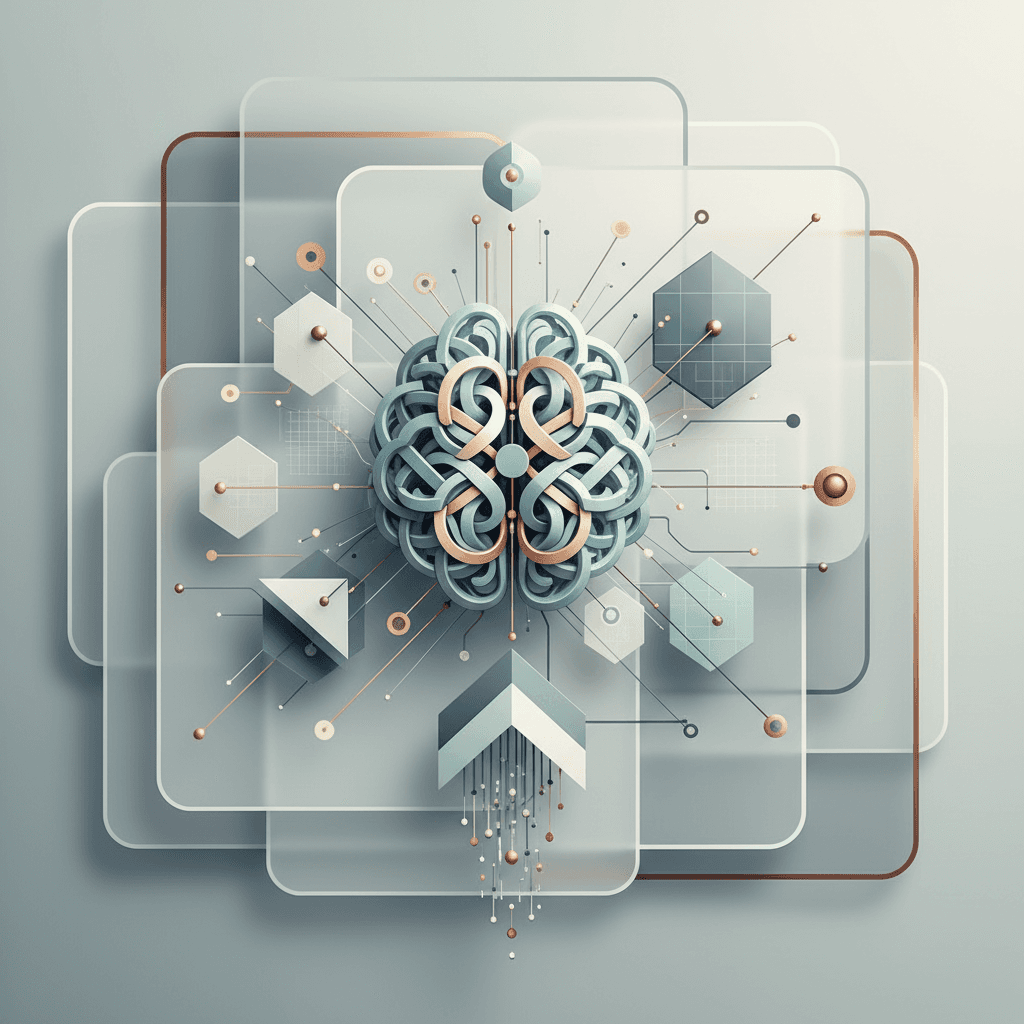 Clean geometric shapes in soft blues and grays suggest data flow and digital connectivity in modern tech aesthetic.