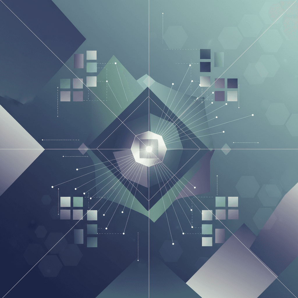 Geometric shapes and lines in soft blues and grays representing data points and connections in an abstract business context.