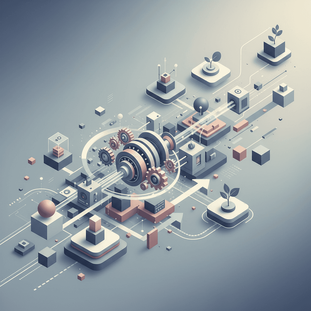 A clean, modern layout featuring abstract geometric shapes in soft, muted tones suggesting connectivity and workflow.