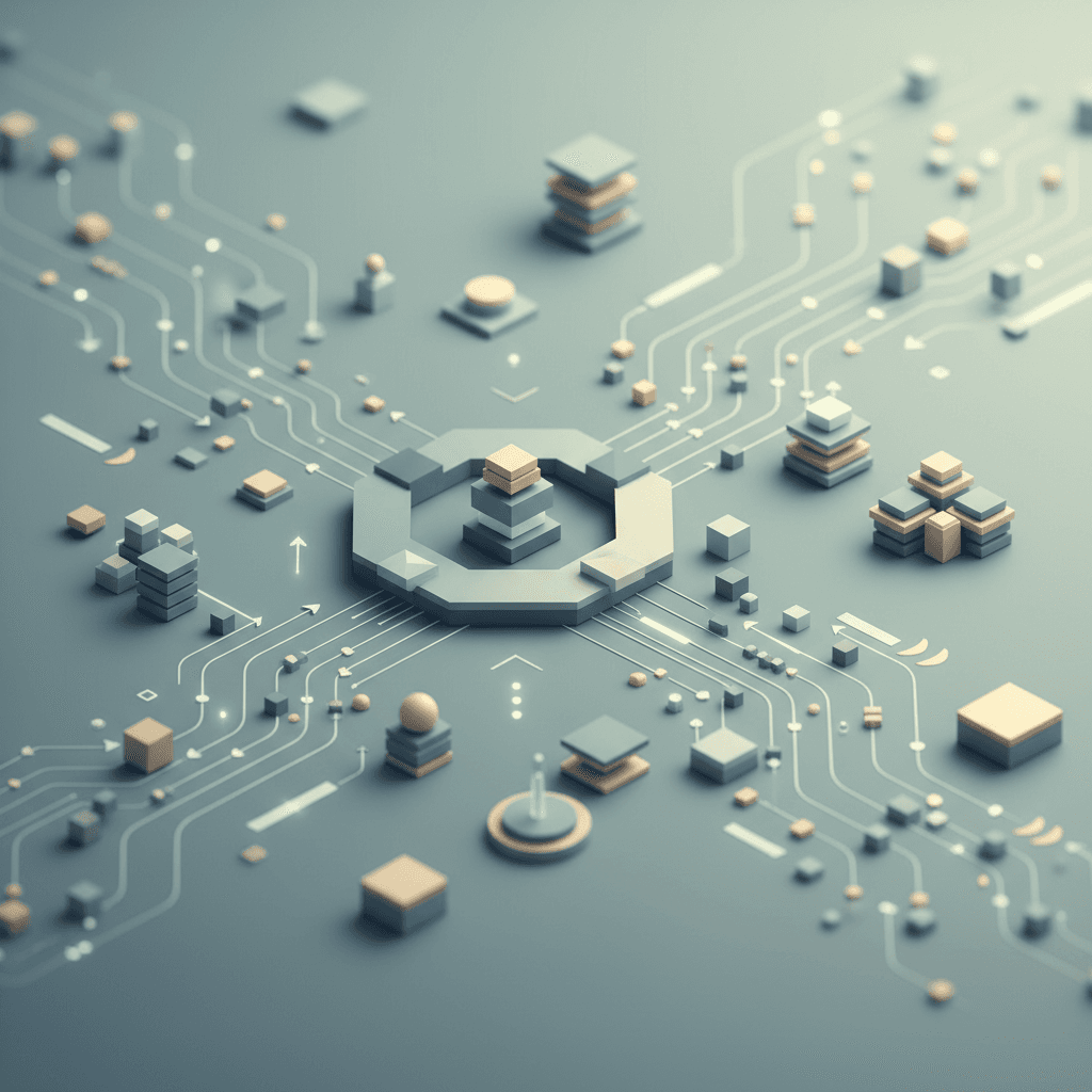 Abstract geometric shapes in soft blues and grays representing interconnected workflow systems and digital processes.