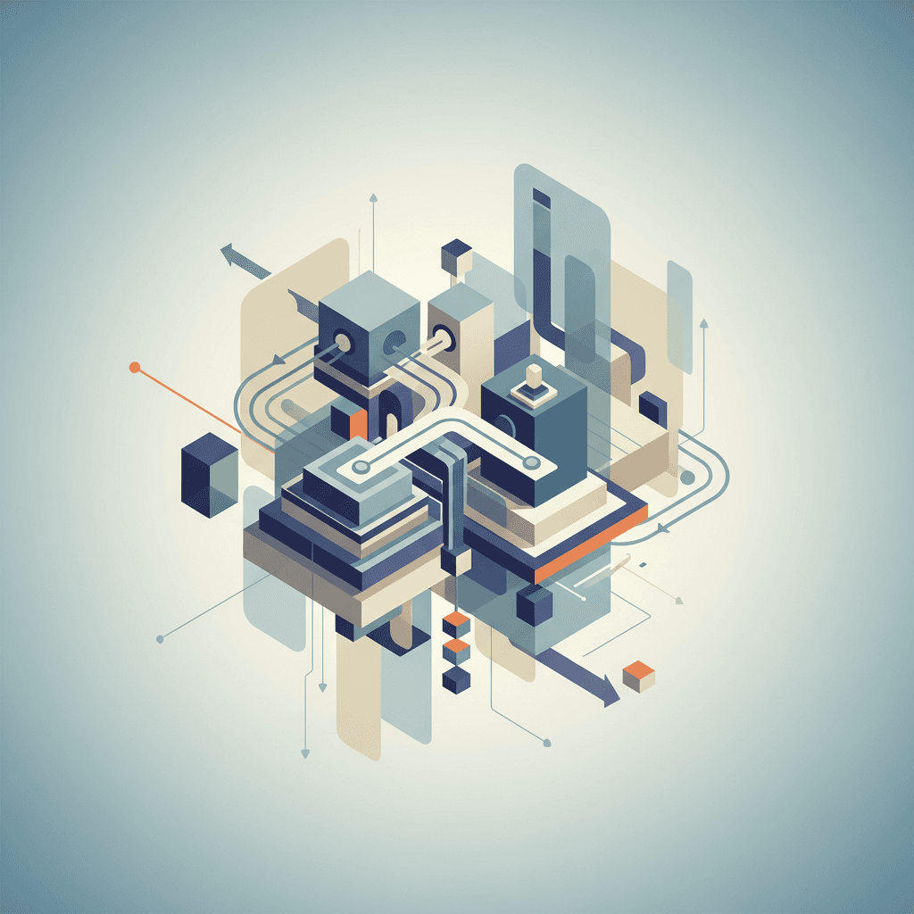 A minimalist design featuring layered geometric shapes in soft blues and grays, suggesting interconnected systems and smooth workflow processes.