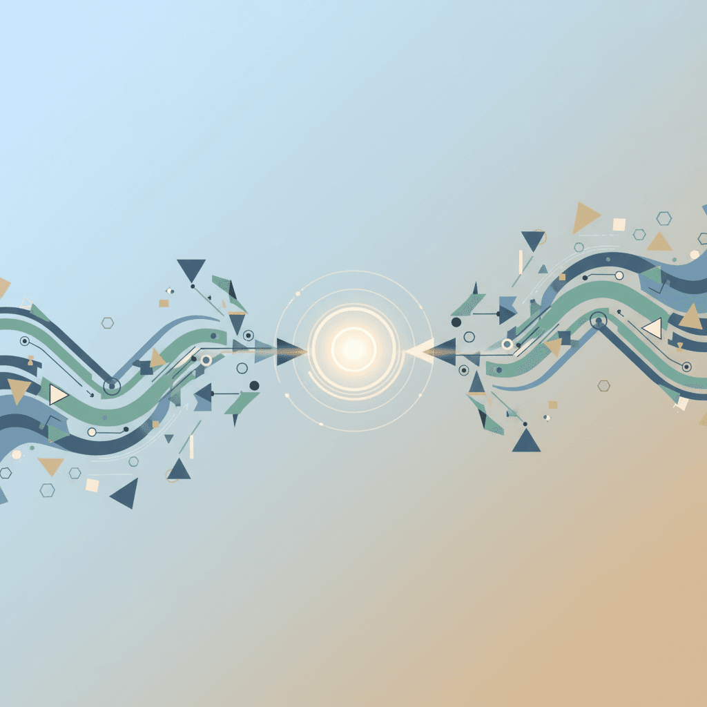 Abstract geometric shapes in cool blues and grays arranged on a clean, modern background representing business processes.