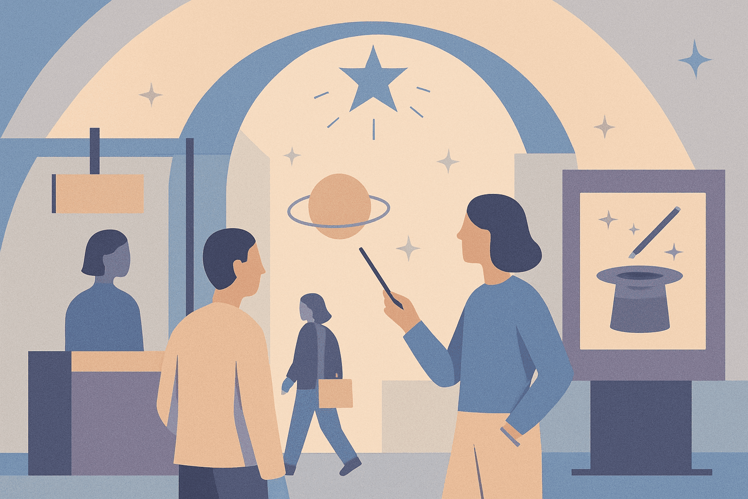 # Alt Text for Magic Trade Show Blog Cover
Minimalist geometric shapes in soft blues and grays arranged on a clean, modern surface suggesting innovation and commerce.