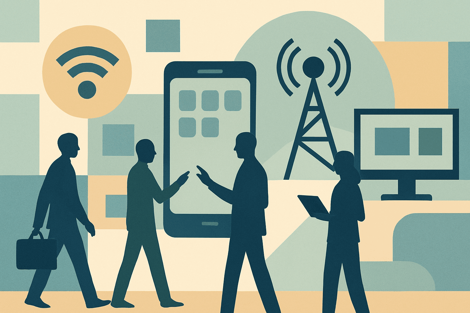 # Alt text for MWC trade show blog cover:
Abstract geometric shapes in soft blues and grays suggesting innovation and connectivity in mobile technology sector.