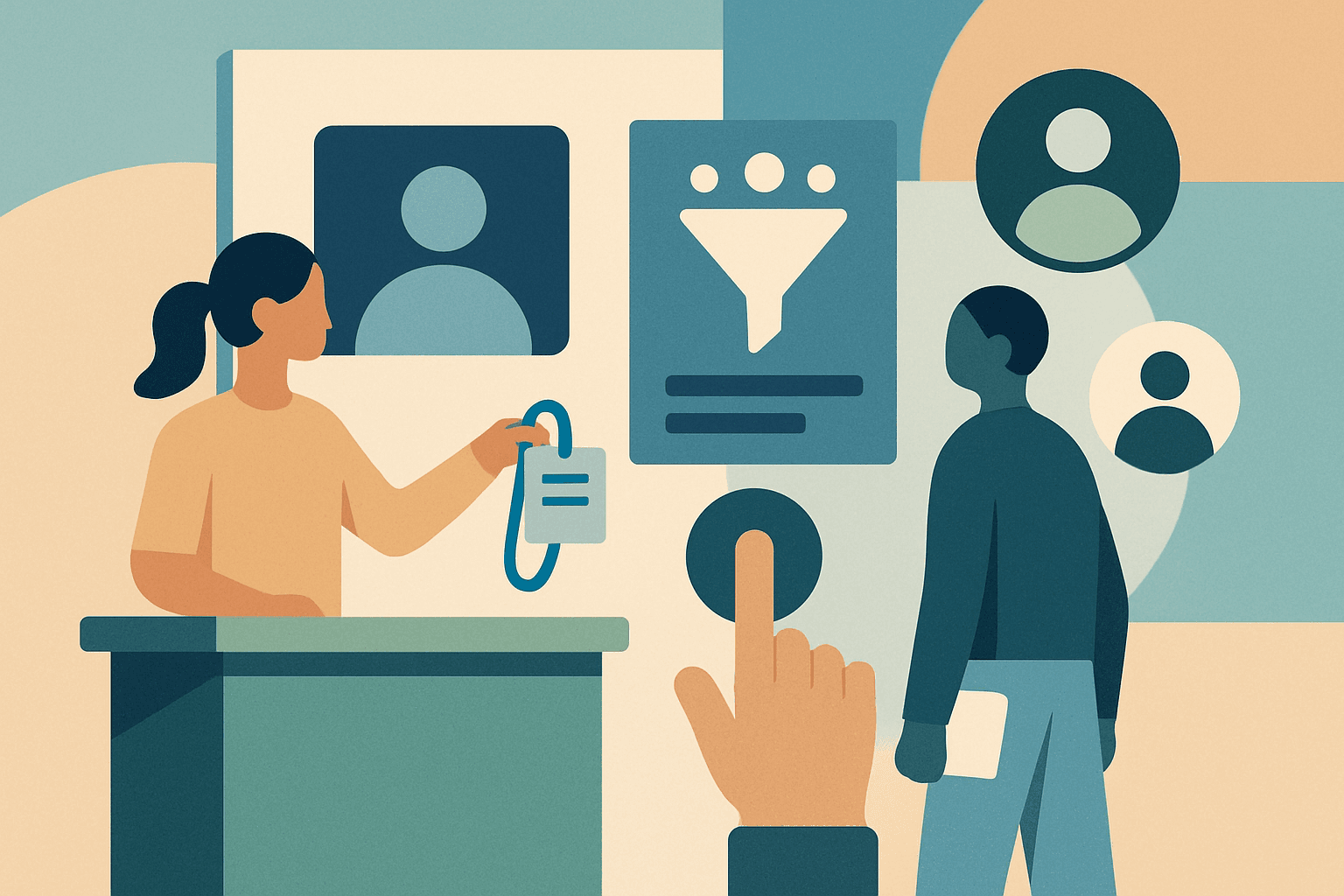 A minimalist composition featuring clean geometric shapes in soft blues and grays, suggesting digital connectivity and structured organization.