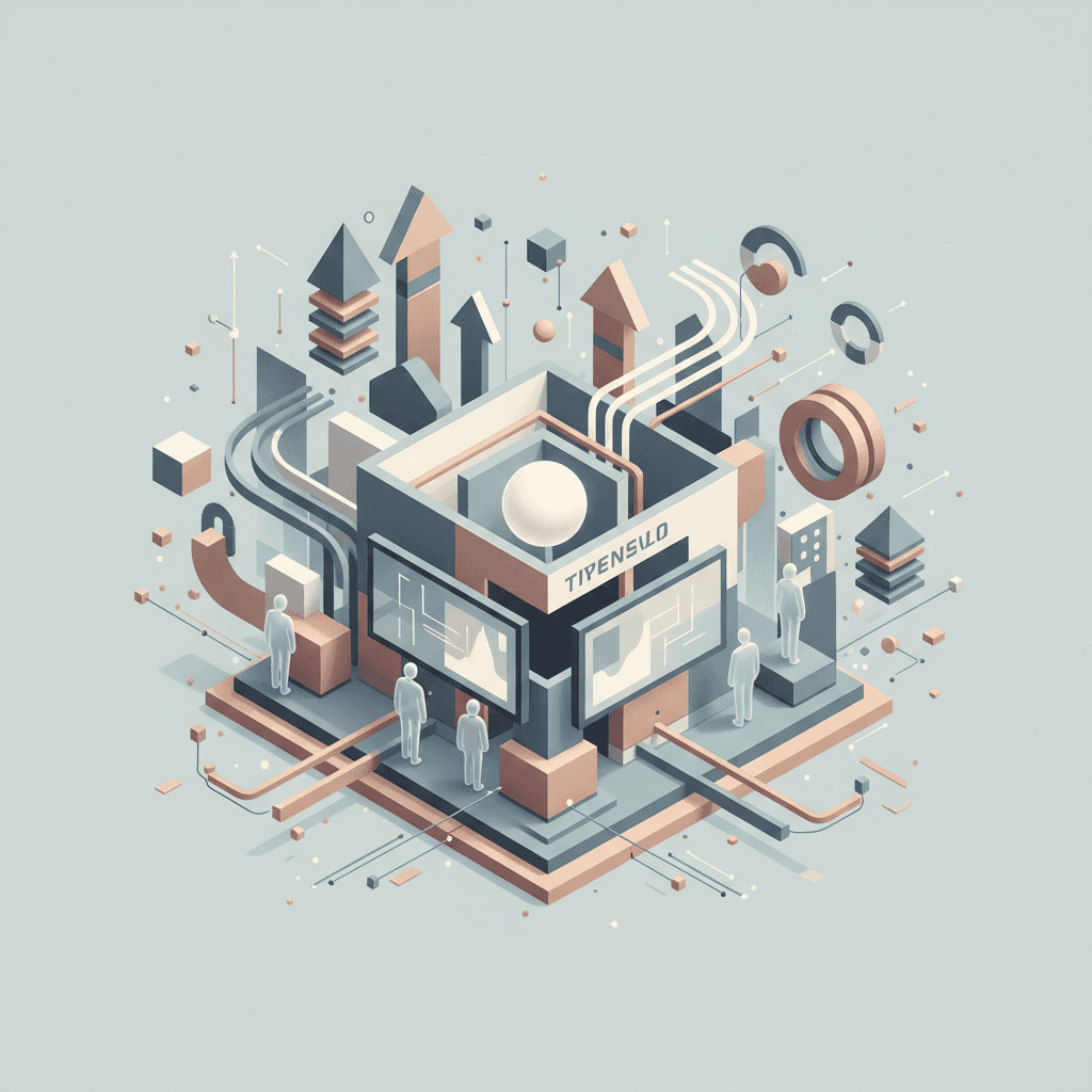 Modern conference venue with clean geometric shapes and abstract design elements in soft, neutral tones.
