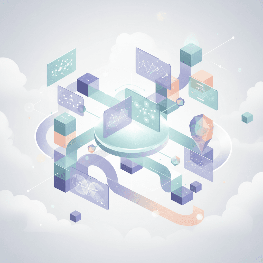 # Alt Text:
Clean geometric shapes in soft blues and grays arranged in an abstract digital landscape representing technology and connectivity.