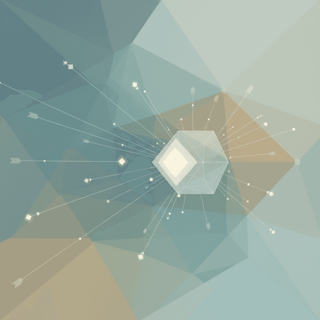 A clean, modern workspace with geometric shapes and abstract design elements in soft, muted tones.